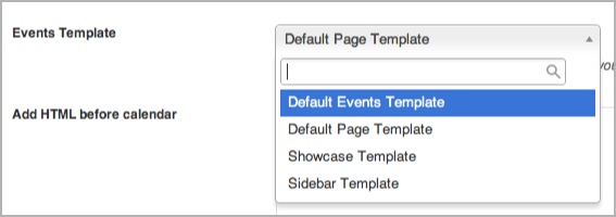 the events template dropdown a screenshot of the dropdown at Events > Settings Templates