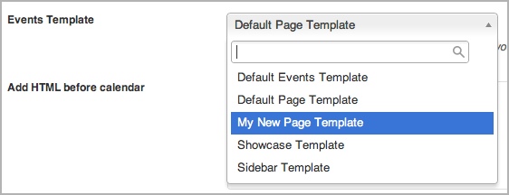 page template dropdown a screenshot of the page template dropdown located at Events > Settings > Templates