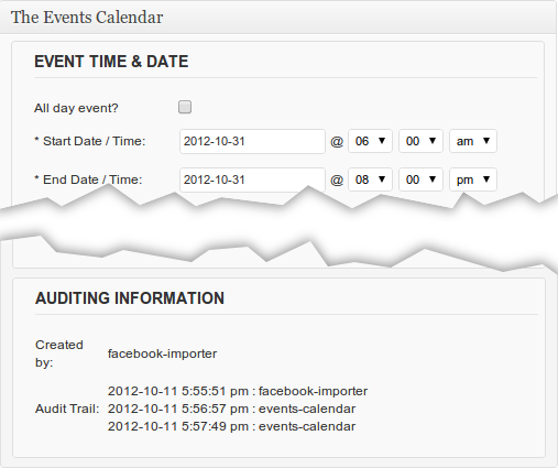 When you have multiple plugins installed an audit of which plugin has made changes can be invaluable Screenshot showing the audit trail for an event imported by Facebook Events then edited by the core Events Calendar plugin