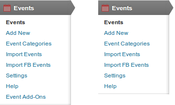 Upsell options in and removed from the Events menu Screenshot showing the menu with upsell items and without