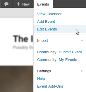 The Events Calendar toolbar item - augmented by Community Events Screenshot showing part of the WordPress toolbar with items added by The Events Calendar